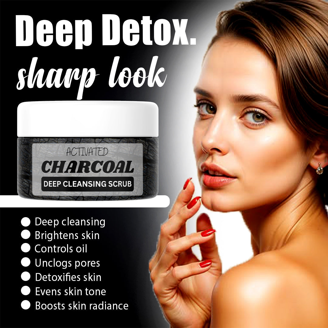 Activated Charcoal Scrub benefits – deep cleanses, removes impurities, unclogs pores, hydrates, softens skin