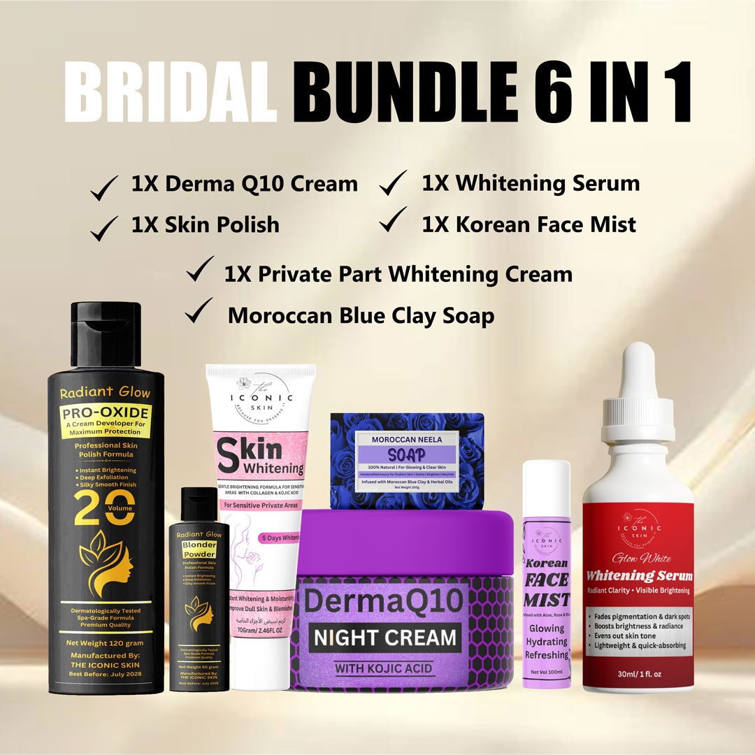 Bridal 6-in-1 Bundle in Pakistan – Night Cream, Skin Polish, Whitening Serum, Korean Face Mist, Private Part Whitening Cream & Moroccan Neela Soap