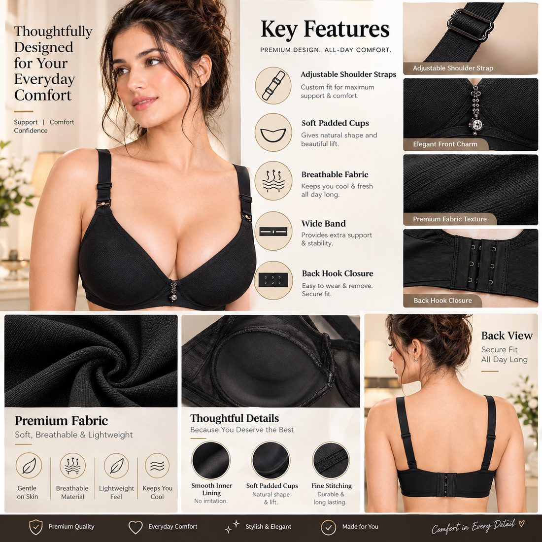 Premium Padded Bra – Smooth Cups, Adjustable Straps & Secure Back Closure