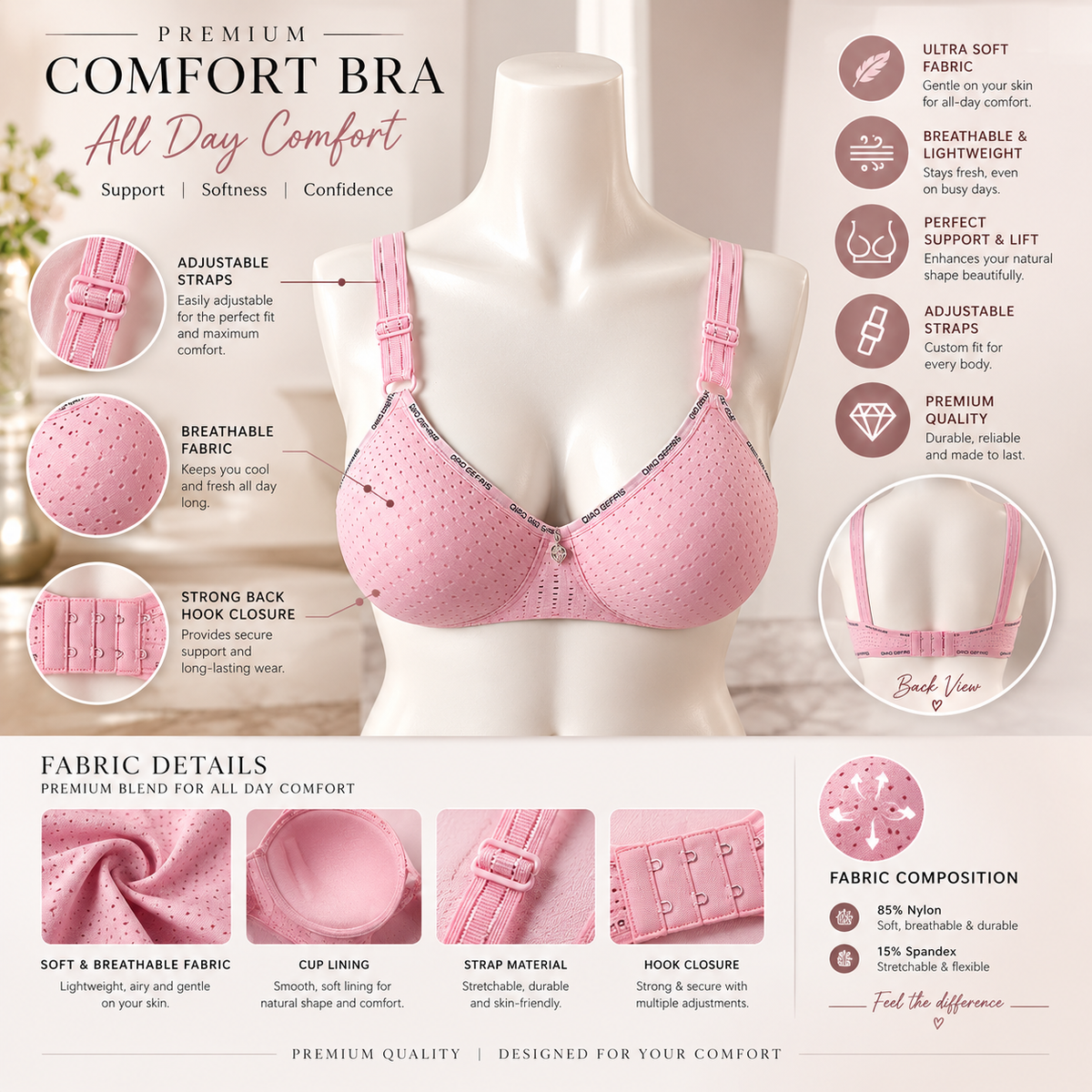 Premium Padded Comfort Bra for Women | Soft, Breathable & Adjustable Support