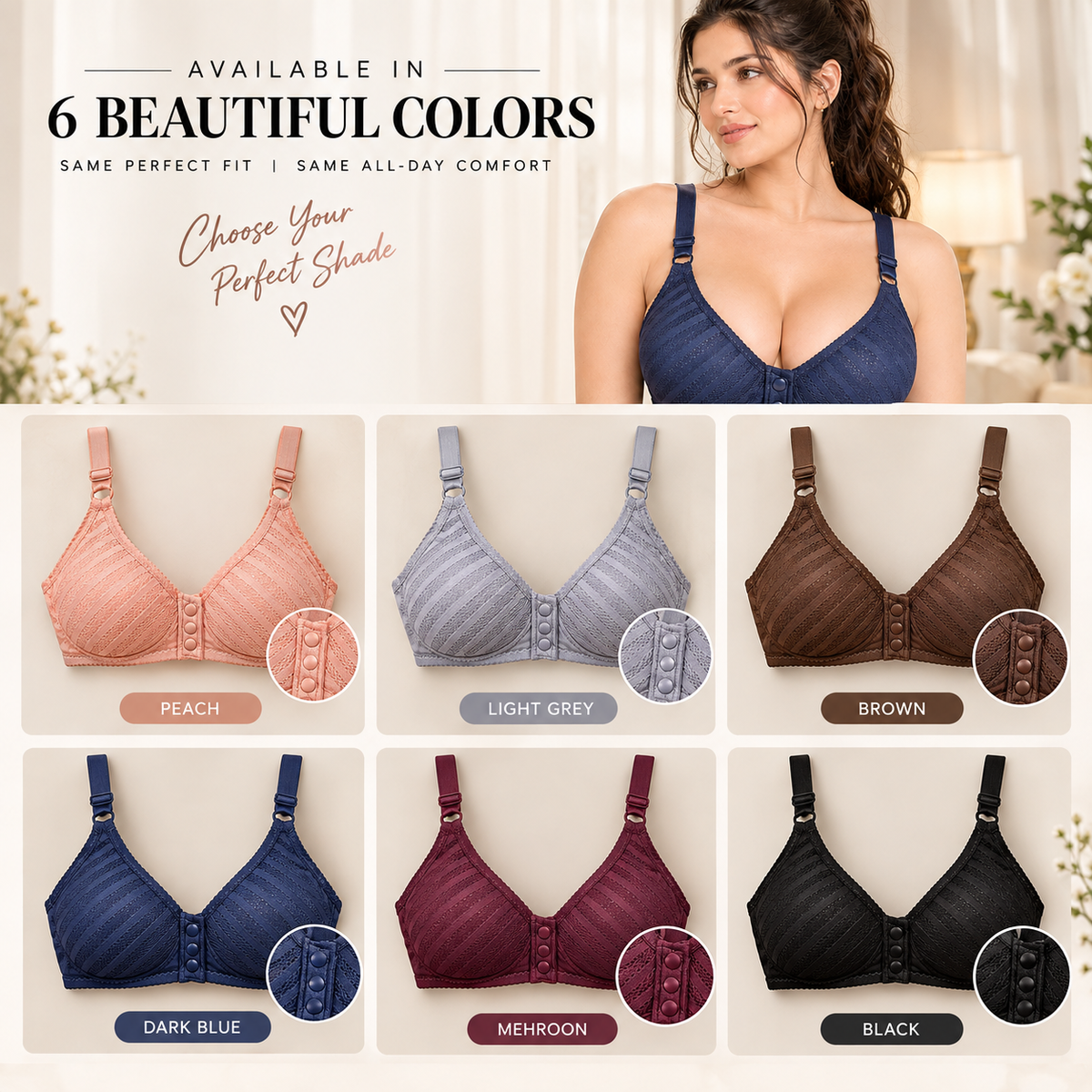 Premium Lace Comfort Bra – Front Open Button Design | Adjustable Straps Product Description