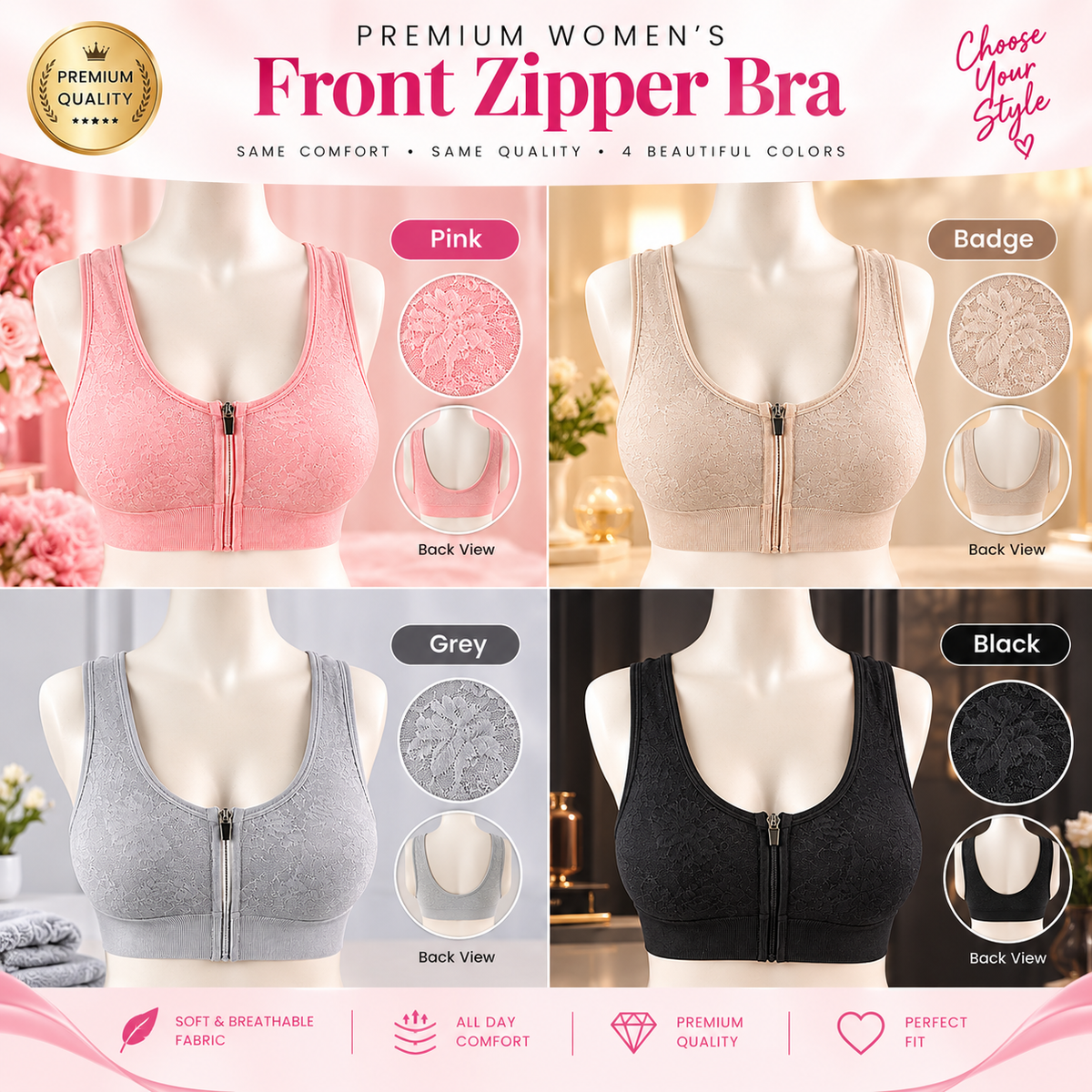 Premium Padded Front Zipper Bra – Soft Fabric Free Size | Comfortable Everyday Support