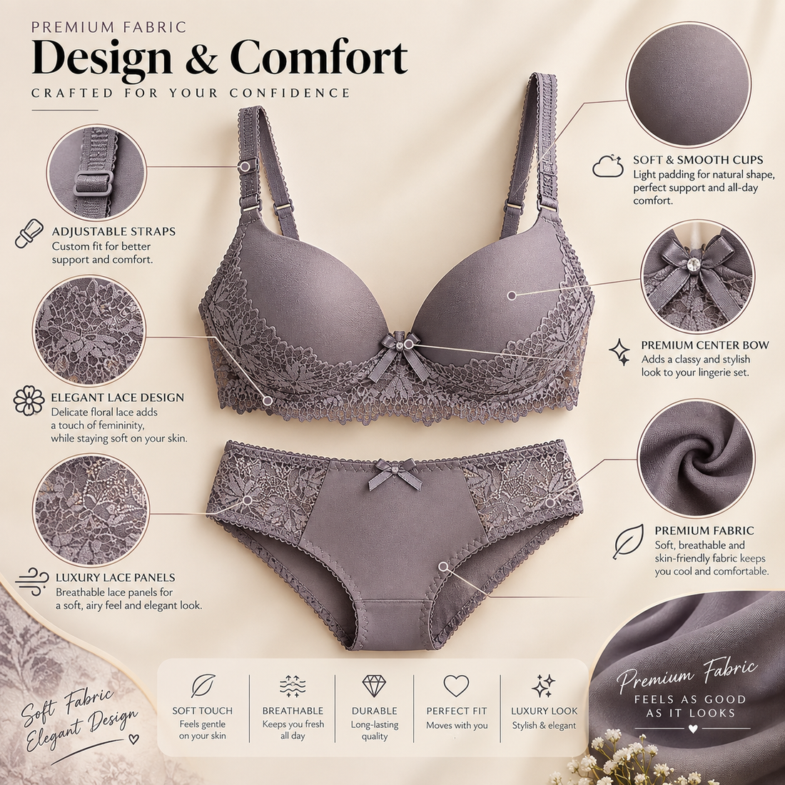 Premium Imported Lace Bra & Panty Set – Soft, Elegant & Comfortable Lingerie