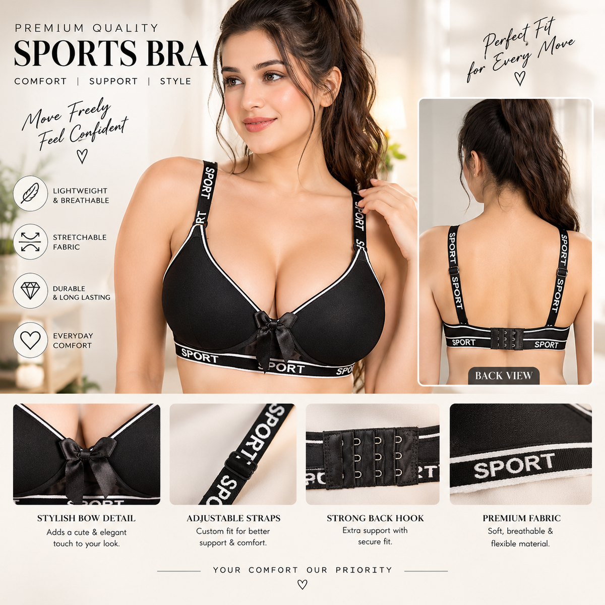 Premium Women’s Sports Bra – Supportive Fit, Adjustable Straps & Breathable Fabric