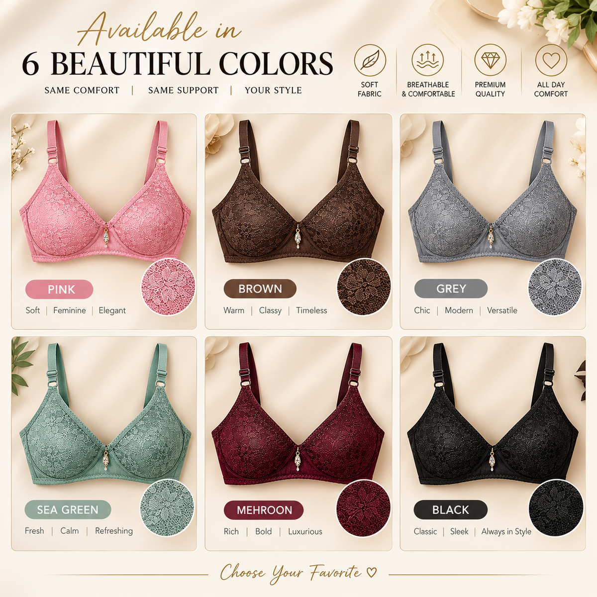 Premium Padded Lace Bra – Ultra Soft, Breathable & Adjustable Support