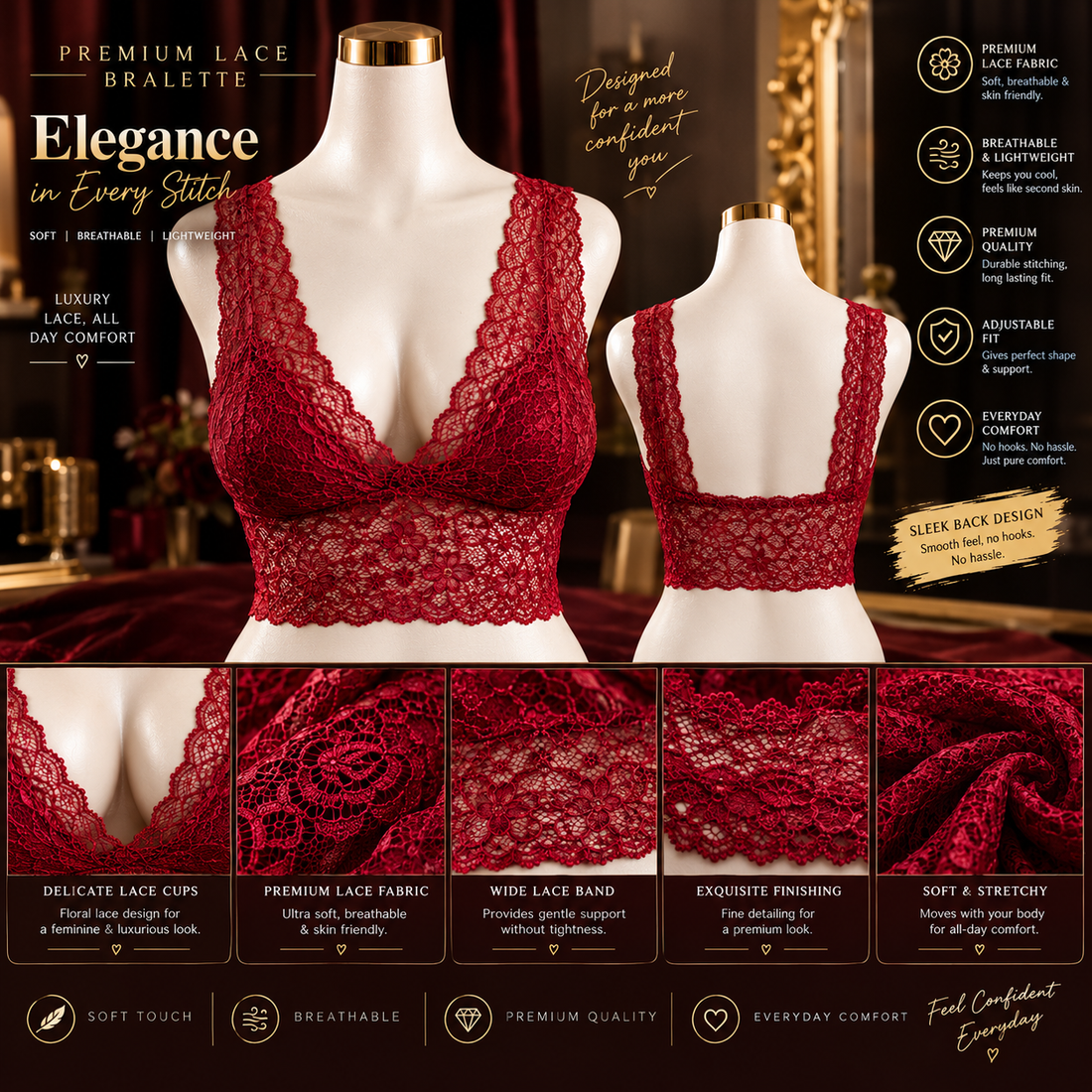 Premium Lace Padded Bralette – Free Size (Fits 32–40)