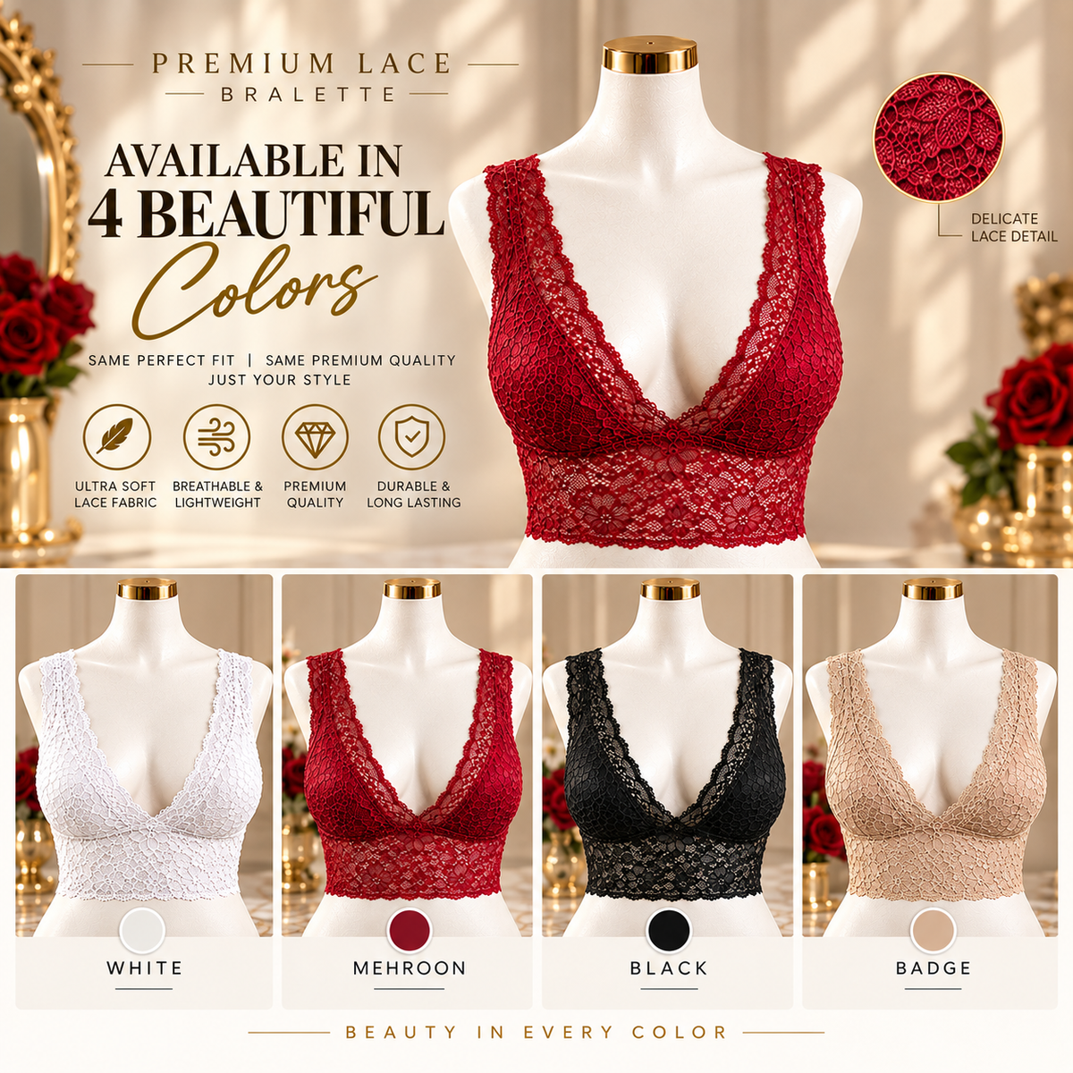Premium Lace Padded Bralette – Free Size (Fits 32–40)