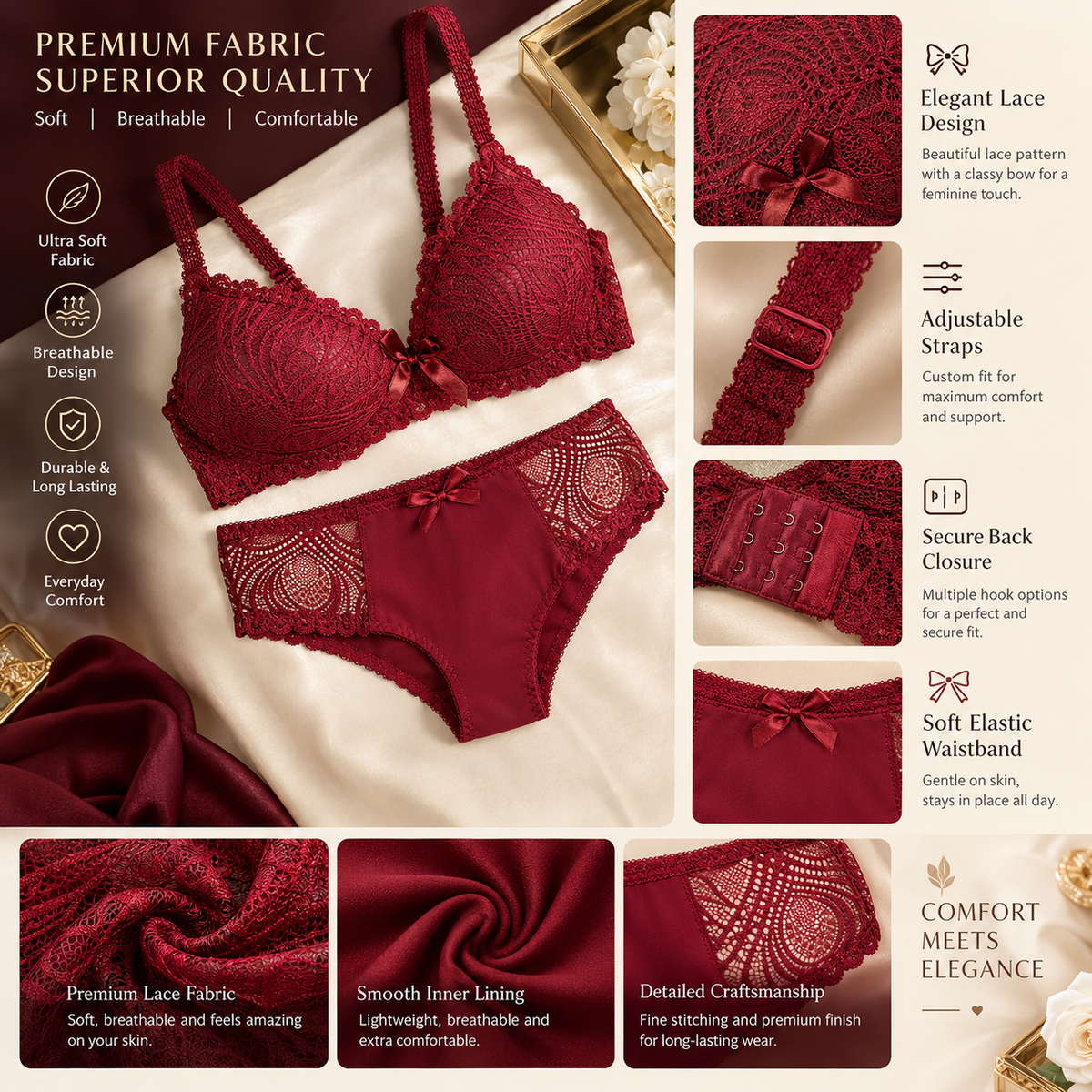 Luxury Lace Bra & Panty Set - Elegant & Comfortable Lingerie