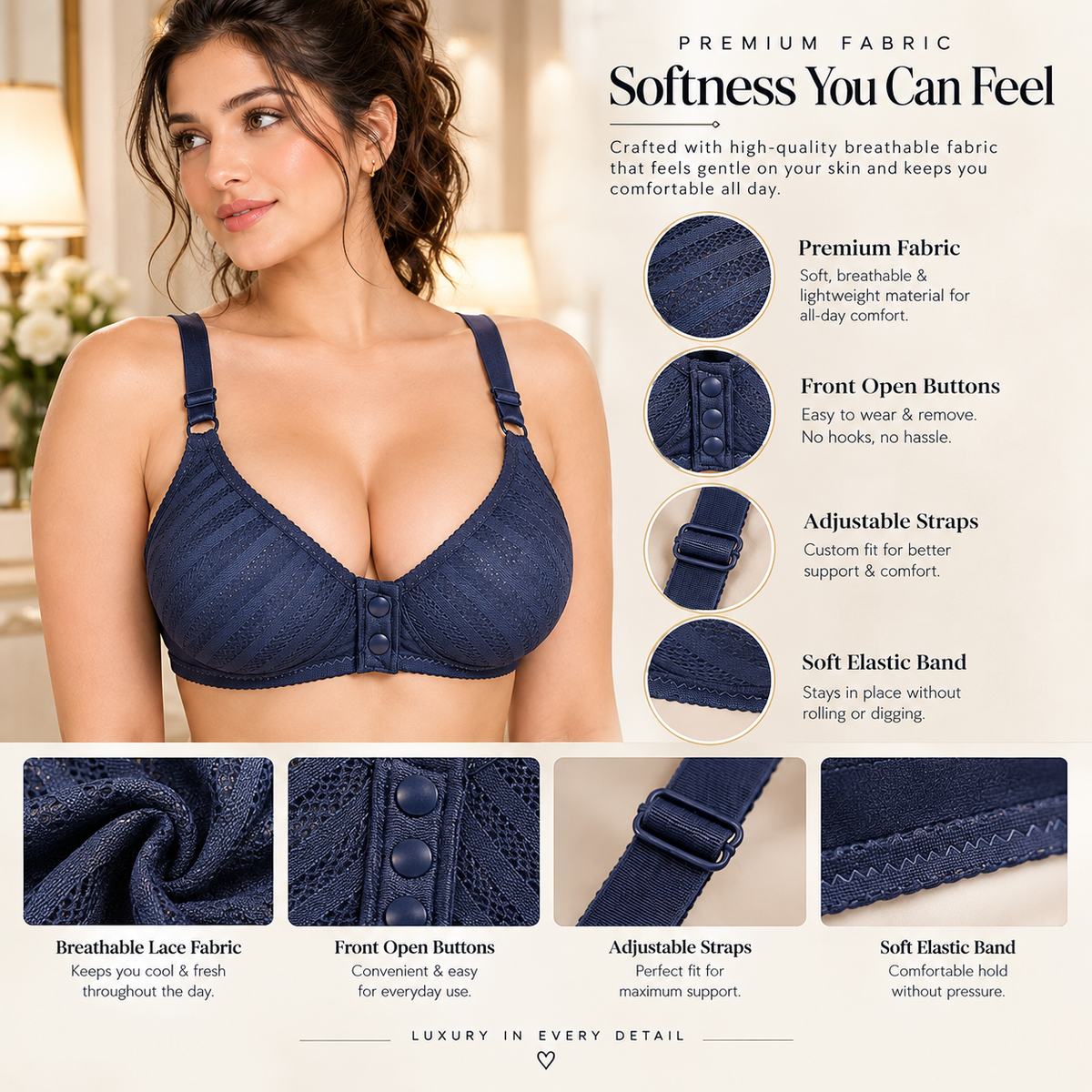 Premium Lace Comfort Bra – Front Open Button Design | Adjustable Straps Product Description