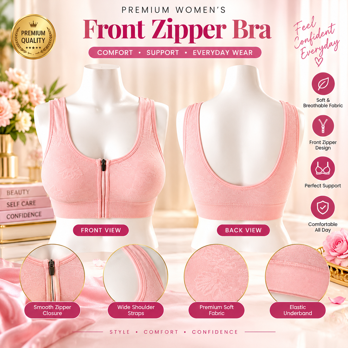 Premium Padded Front Zipper Bra – Soft Fabric Free Size | Comfortable Everyday Support
