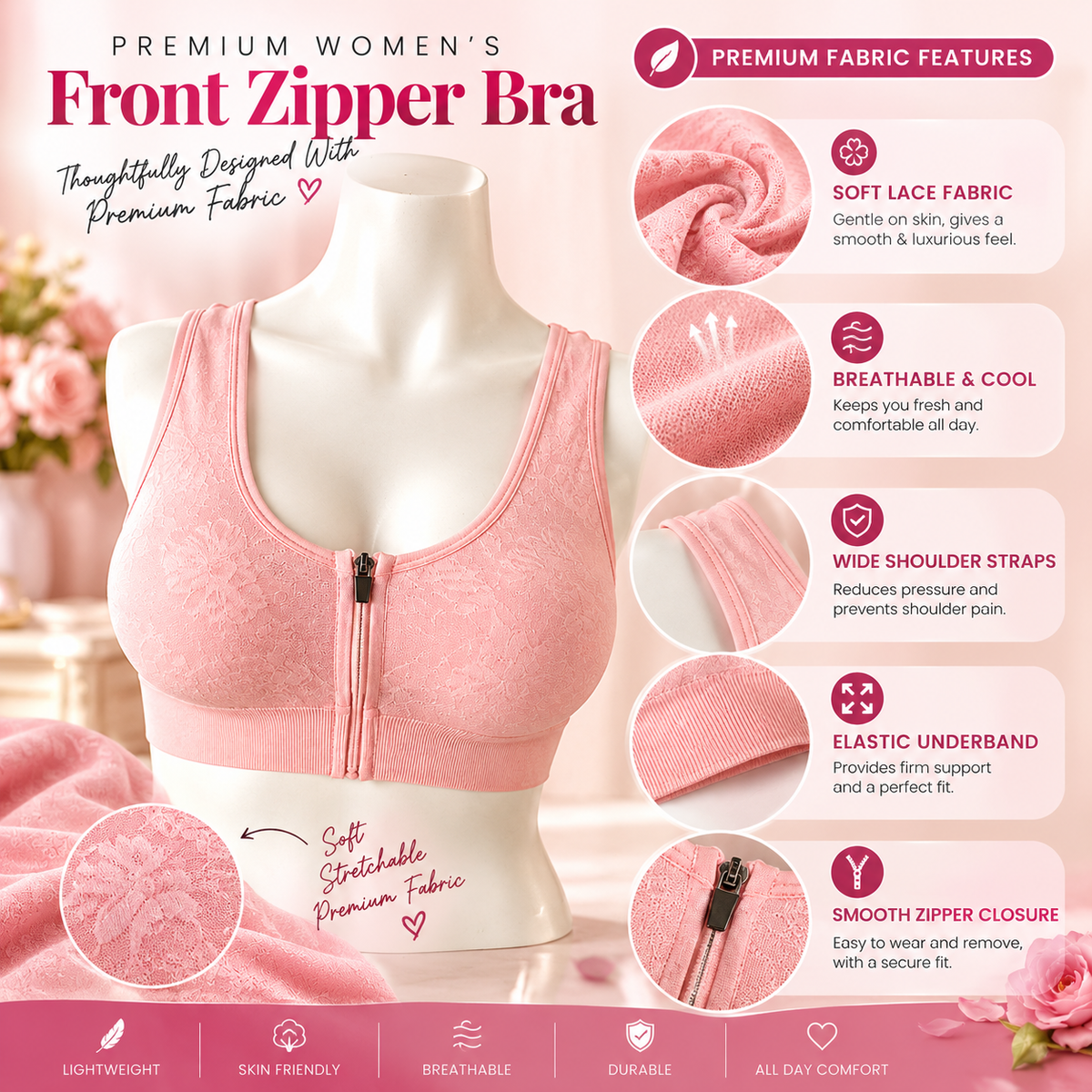 Premium Padded Front Zipper Bra – Soft Fabric Free Size | Comfortable Everyday Support