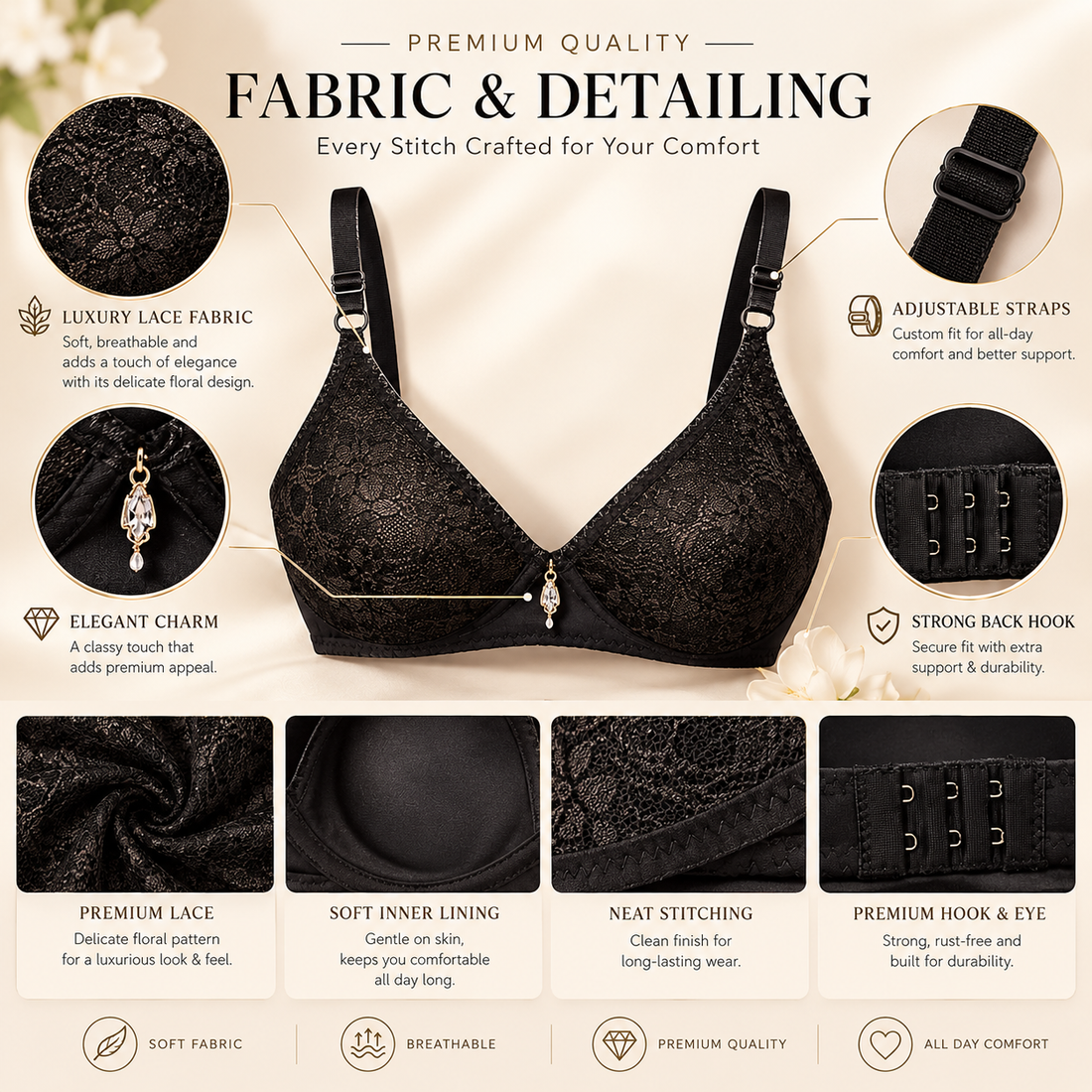 Premium Padded Lace Bra – Ultra Soft, Breathable & Adjustable Support