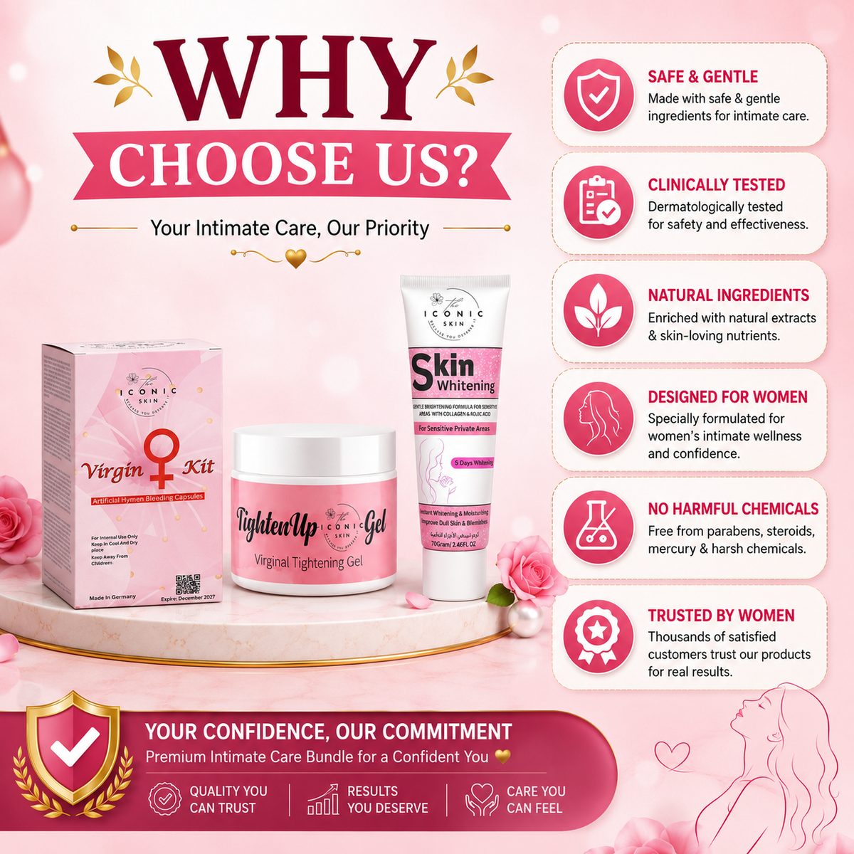 Bridal 3-in-1 Intimate Care Bundle in Pakistan – Tightening Gel, Hymen Capsules & Whitening Cream