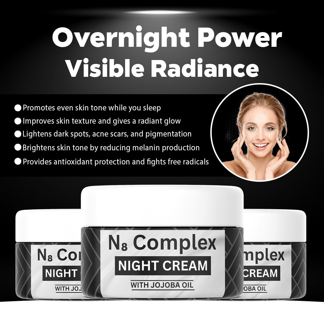 N8 Complex Night Cream benefits – reduces wrinkles, fine lines, dark spots, hydrates and nourishes skin