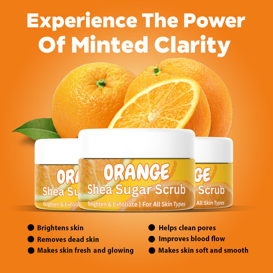 Orange Shea Sugar Scrub benefits – exfoliates dead skin, brightens skin, hydrates, softens, improves texture