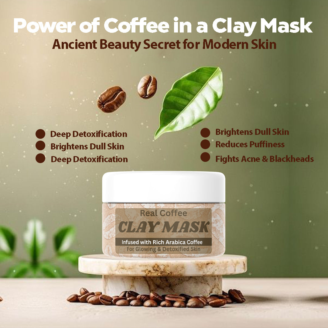Real Coffee Clay Mask benefits – detoxifies, reduces acne, tightens pores, energizes skin, natural ingredients