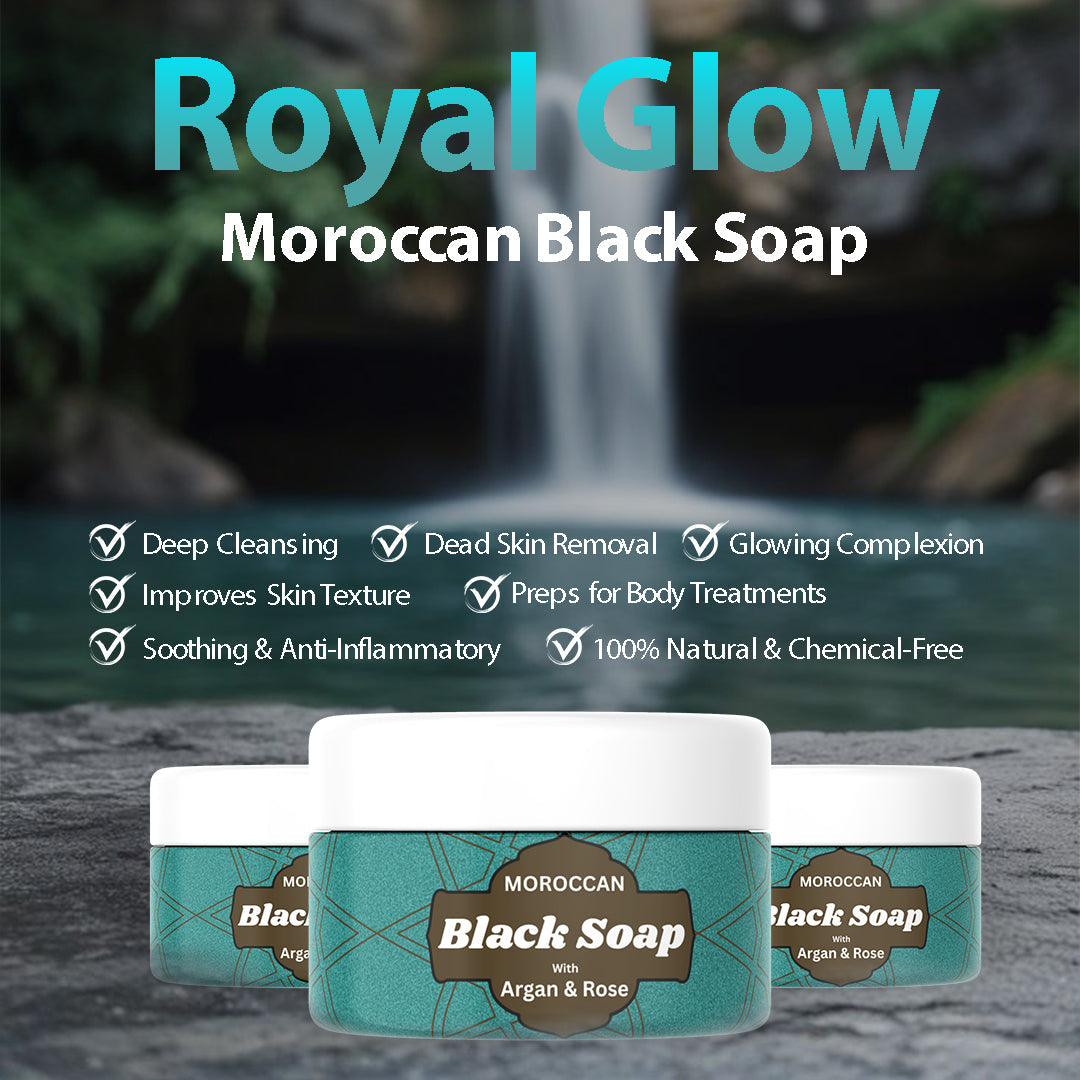 Royal Moroccan Black Hammam Soap benefits – deep cleanses, detoxifies, softens skin, reduces impurities, promotes glow