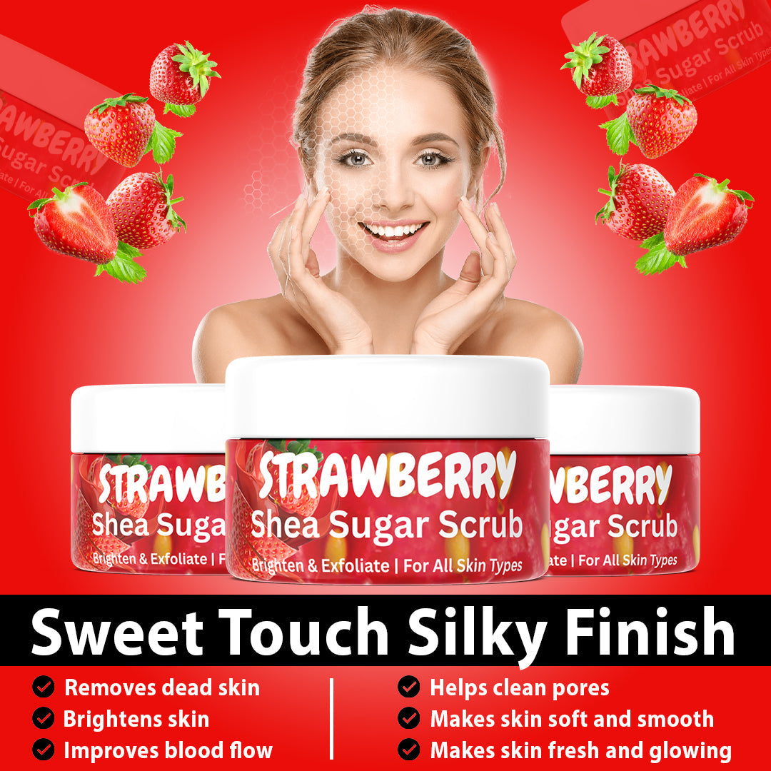 Strawberry Shea Sugar Scrub benefits – exfoliates dead skin, brightens skin, hydrates, softens, improves texture