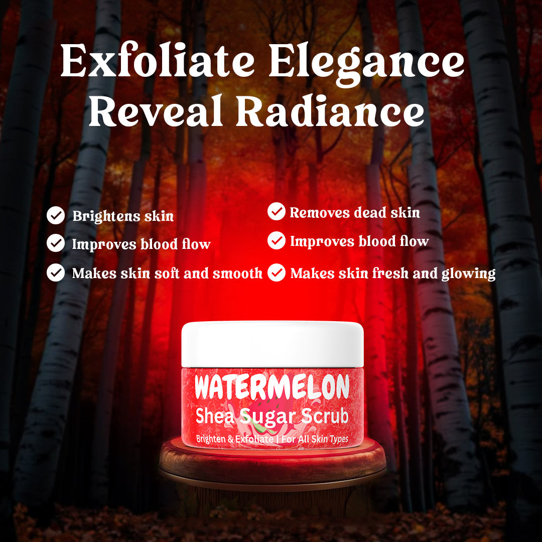 Watermelon Shea Sugar Scrub benefits – exfoliates dead skin, brightens skin, hydrates, softens, improves texture